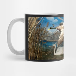 Natural environment diorama - a mallard and a swan in a pond Mug